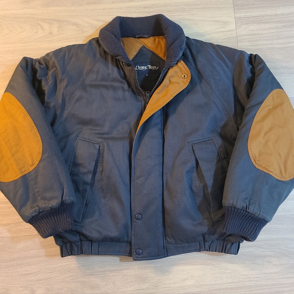 VTG Ozark Trail Mens Large Puffer Bomber Navy Jacket W/ Brown Elbow Patches